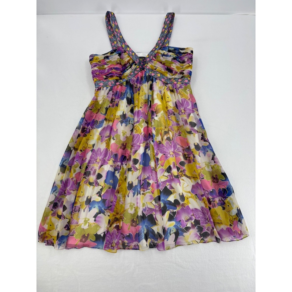 Nine West Silk Floral Dress Womens 10 Multi Color Ruched Empire‎ Waist Summer